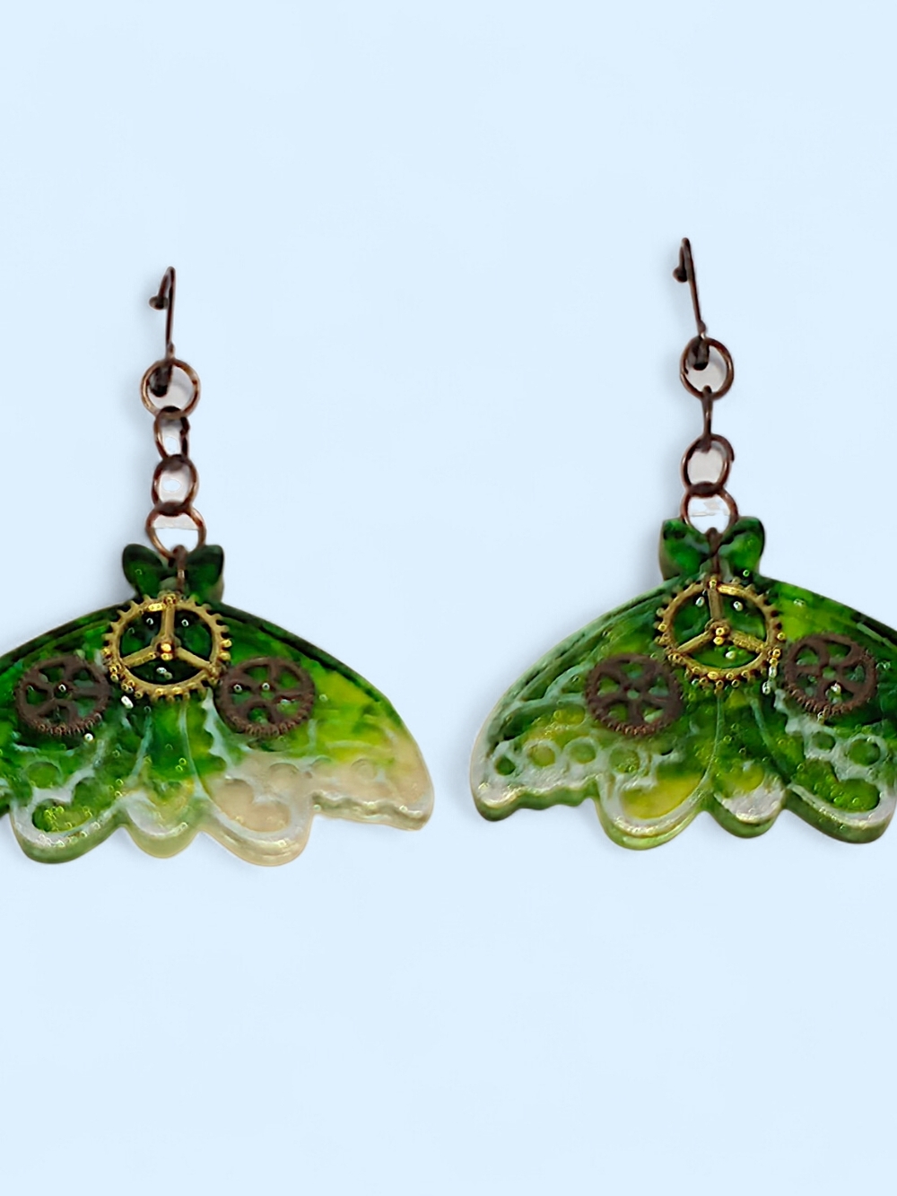 Steampunk Green Ombre Resin Moth Gear Dangle Earrings - Picture 4 of 4